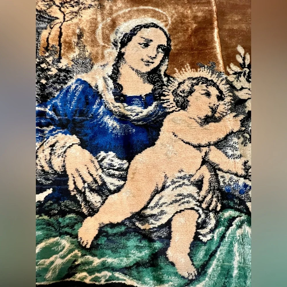 Antique Made in Italy Woven Tapestry Joseph Mary Baby Jesus Wall Decor Religious